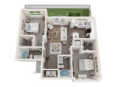 Floor plan for 2 beds, 2 baths, 990 sqft